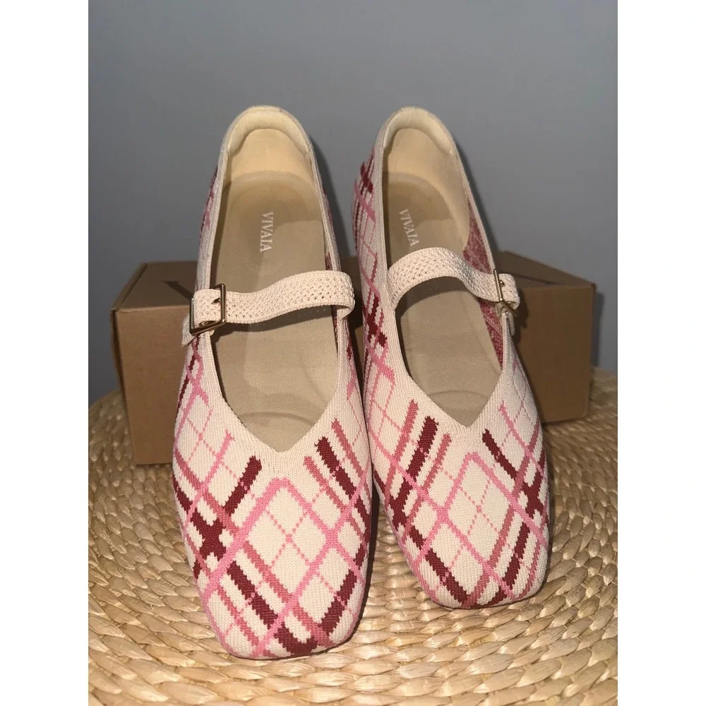 VIVAIA Square Toe Knit  Flats Pink Plaid Buckle Strap Shoes size‎ EU/41 US/9.5